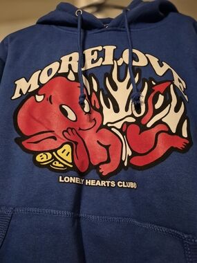 Lonely Hearts Club Blue Graphic Hoodie with Red Devil Art